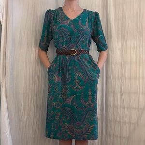 Teal and Purple Paisley Floral Midi Dress Vintage 70s Puff Sleeves Pockets
